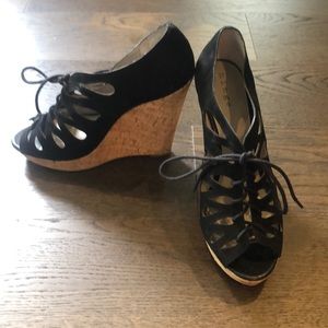 Black strappy lace up wedges
